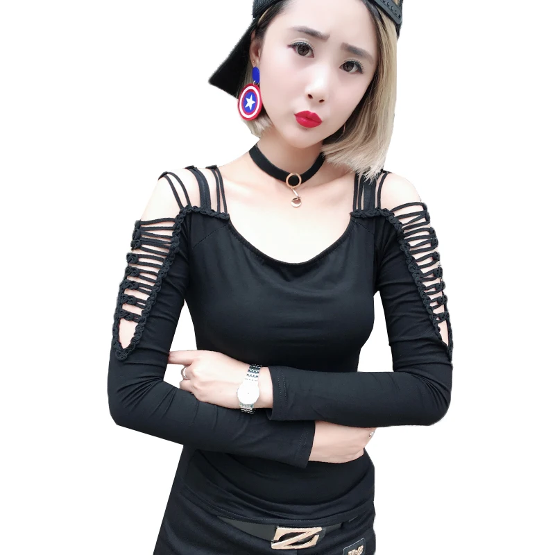 Black tshirt Korean Patchwork Sexy Hollow Out Shoulders Lace Tshirt New Autumn Women Top Long Sleeve Clothes Shirt Camiseta Mujer T97208 - Цвет: Black tshirt
