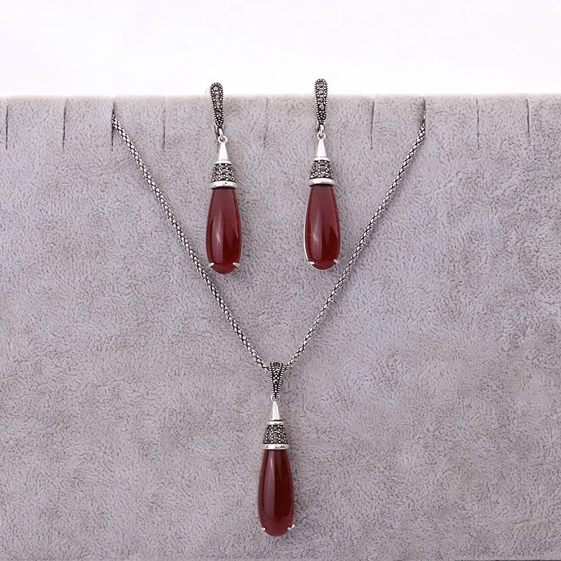 Red Feelgood античное серебро Цвет Винтаж ювелирные наборы черная длинная водяная капля кулон ожерелье и серьги набор для женщин подарок - Окраска металла: Red