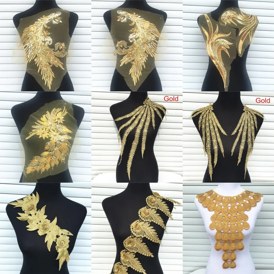 

1Pc Gold Color Venise Lace Fabric Dress Applique Motif Blouse Sewing Trims DIY Neckline Collar Costume Decoration Accessories