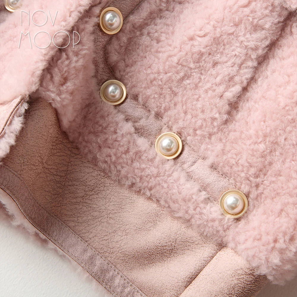 Зимние для женщин розовый белый 100% овечьей шерсти Дубленки пальто с капюшоном