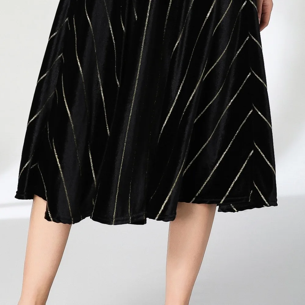 Shiny Gold Thread Striped Velvet Dress 2019 Winter Women Long Sleeve Thick Warm Female Vintage Velour Sashes | Женская одежда