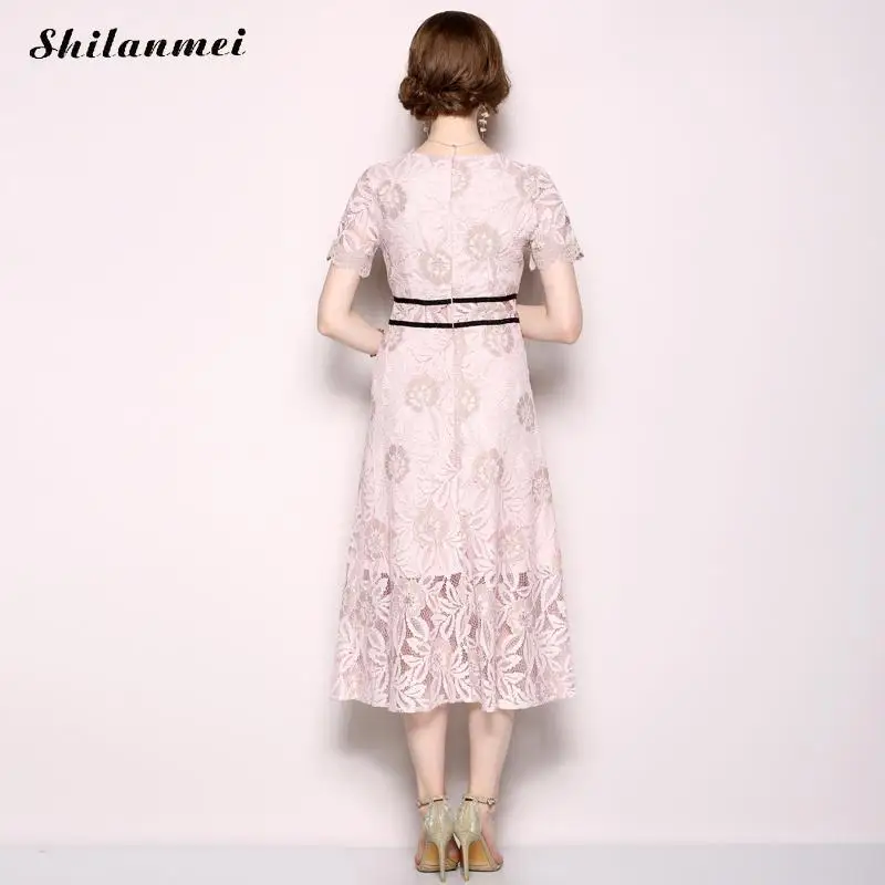 Элегантный Lace A-Line Midi платье Для женщин V шеи халат Винтаж короткий рукав 2018 летние