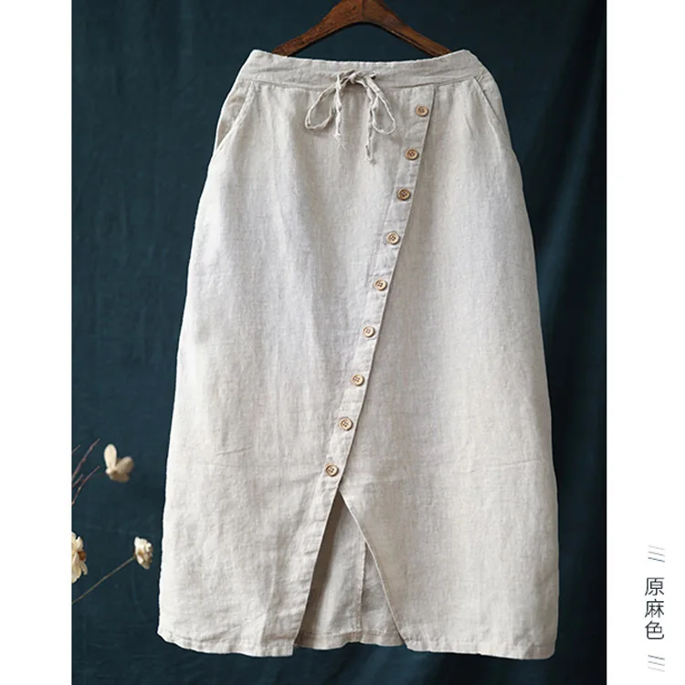 2019 летняя хлопчатобумажная льняная юбка Женская эластичная талия сплошной цвет