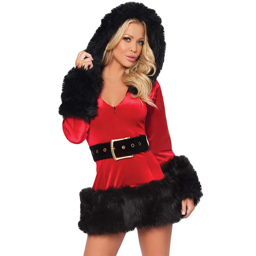 Рождественское ночное белье женское сексуальное нижнее из плюша с капюшоном