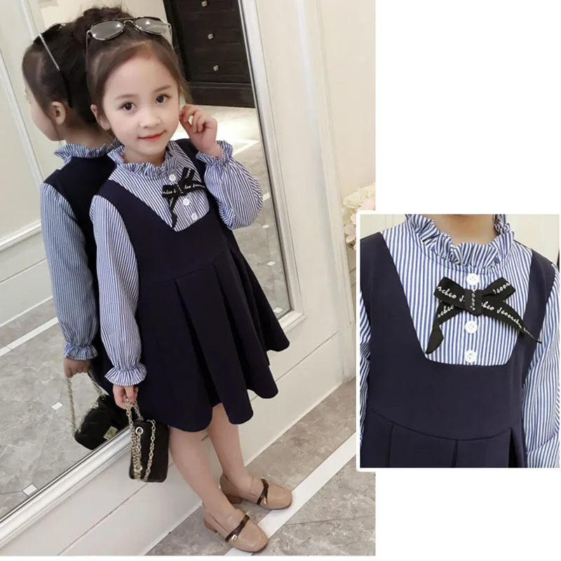 Детские платья для девочек 2018 осеннее Полосатое платье принцессы с круглым