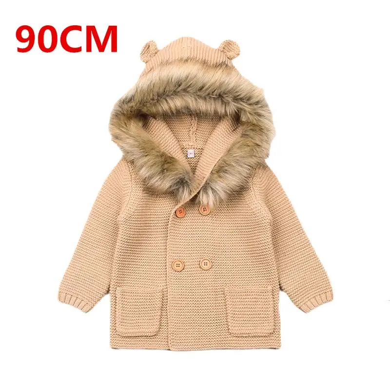 Khaki 90cm Модная вязаная одежда для малышей с милыми медвежьими ушками; Детский свитер с капюшоном с меховым воротником и длинными рукавами; кардиган; свитер - Цвет: Khaki 90cm