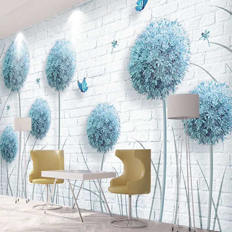 Современные Простые обои с синим одуванчиком и бабочкой кирпичные гостиная ТВ