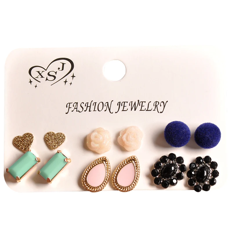 Серьги-гвоздики женские зеленые/розовые/черные 6 парций/компл. | Украшения и