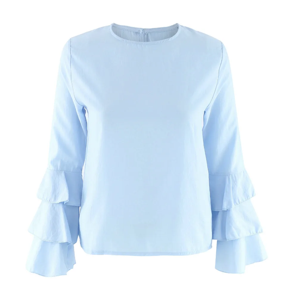 2017 Мода Оборками Блузки Женщины Весна Осень Новый Повседневная Синий Офис Леди