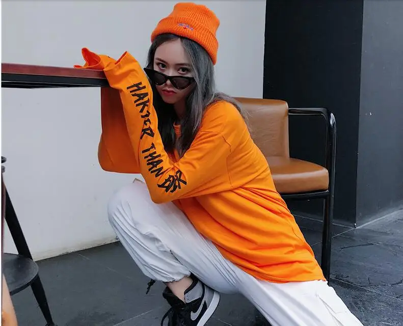 YouGeMan Футболка женская одежда весна корейский Ulzzang Harajuku уличная футболка с длинным рукавом Женская Повседневная Хип-Хоп Футболка Топ