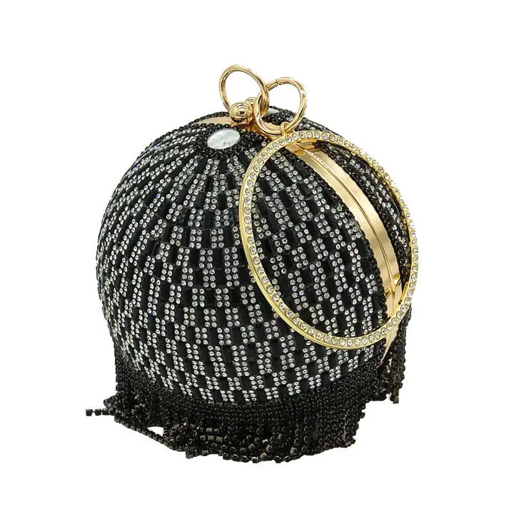 Black Evening Bag Двойной цветок круглый ослепительный Кристалл кисточкой для женщин вечерняя сумка Свадебная вечеринка металлический клатч браслет Сумочка Кошелек - Цвет: Black Evening Bag