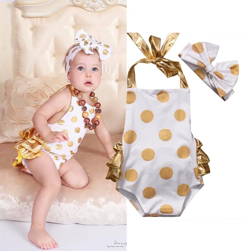 Летний комбинезон для 0 2 лет с подтяжками и золотым узором в горошек повязка на