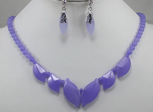 

wholesale unique 18" purple jade beads and leaf shape Natural jade necklace & stud earrings jewelry set