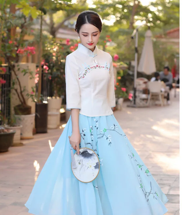 Sheng Coco темно-синие рубашки китайский стиль Вышивка Цветы Cheongsam топы традиционная китайская одежда длинный рукав Hanfu