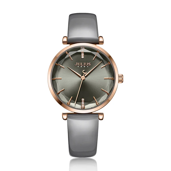 gray leather watch Julius бренд повседневное розовый кожаный часы женщина простой многогранный резка зеркало кварцевые платье наручные часы для девочек Montre Femme - Цвет: gray leather watch