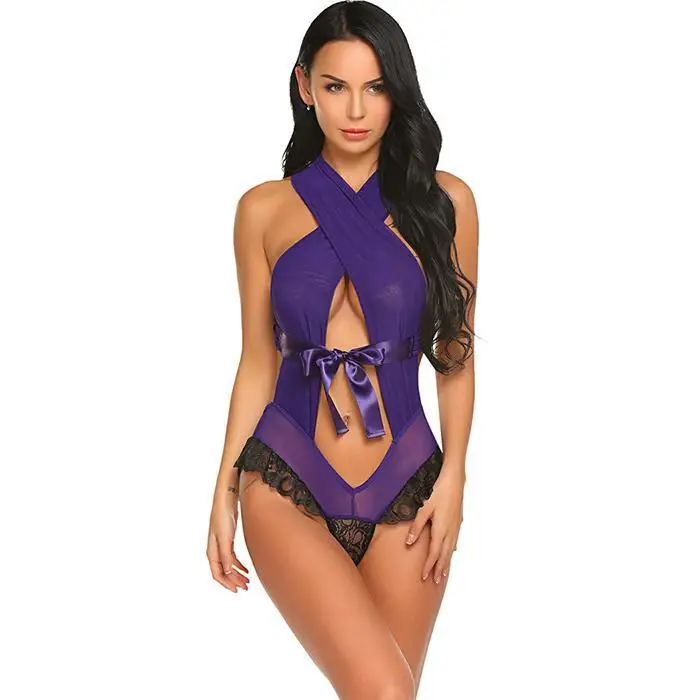 Avidlove Teddis Sexy Lingerie Lace Ruffle Women Sexy Halter Neck Sleeveless Lace Patchwork See Through Lingerie Nightwear
