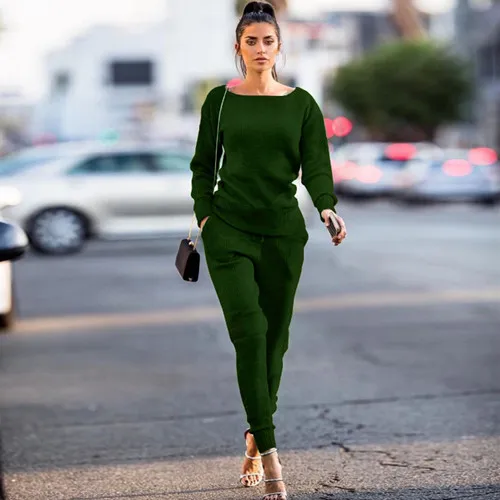 army green Finging me, Осенний Повседневный трикотажный спортивный костюм, женский однотонный комплект из 2 предметов, спортивная одежда,, зимний топ, рубашки, толстовка, Топы+ штаны - Цвет: army green