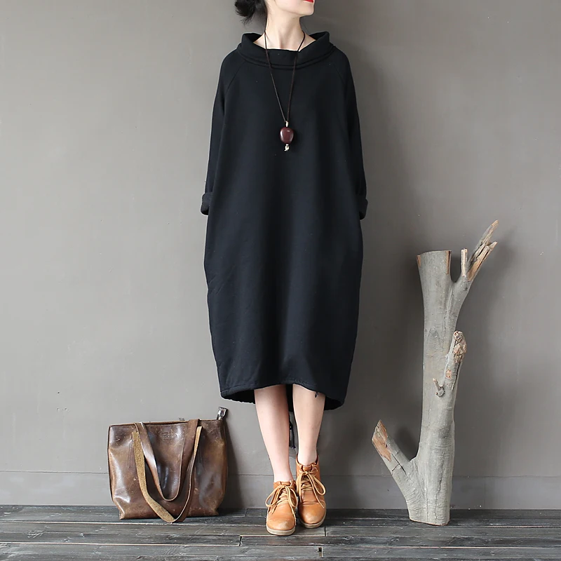 SCUWLINEN, осенне-зимнее платье, хлопок, женское платье, Vestidos, свободное, флисовое, утолщенное, водолазка, длинный рукав, длинный халат S60