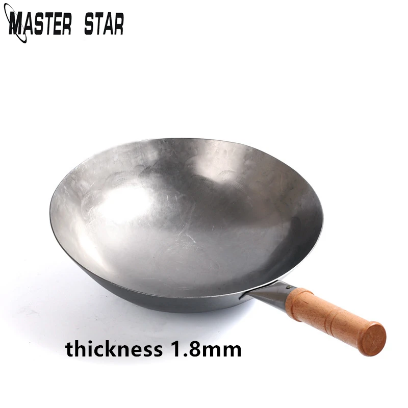 Thinkness 1.8mm A Master Star Китайский традиционный железный вок ручной работы большой ВОК& деревянная ручка антипригарный вок газовая плита сковорода кухонная посуда - Цвет: Thinkness 1.8mm A