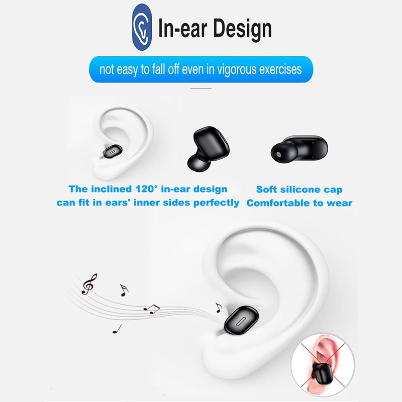 Беспроводные наушники Mini Sport True TWS Earbuds с Bluetooth 5.0 и полноразмерная гарнитура для Android и IOS телефона с зарядным кейсом.