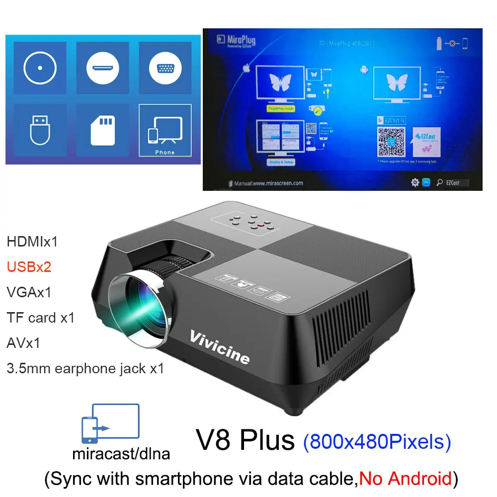 Vivicine 720P HD проектор, опционально Android wifi Bluetooth HDMI USB PC Мини светодиодный портативный проектор для видеоигр - Цвет: V8 Plus 800x480