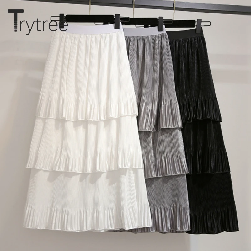 Trytree Весна Лето Твердые оборки юбка женская Повседневная Высокая талия до