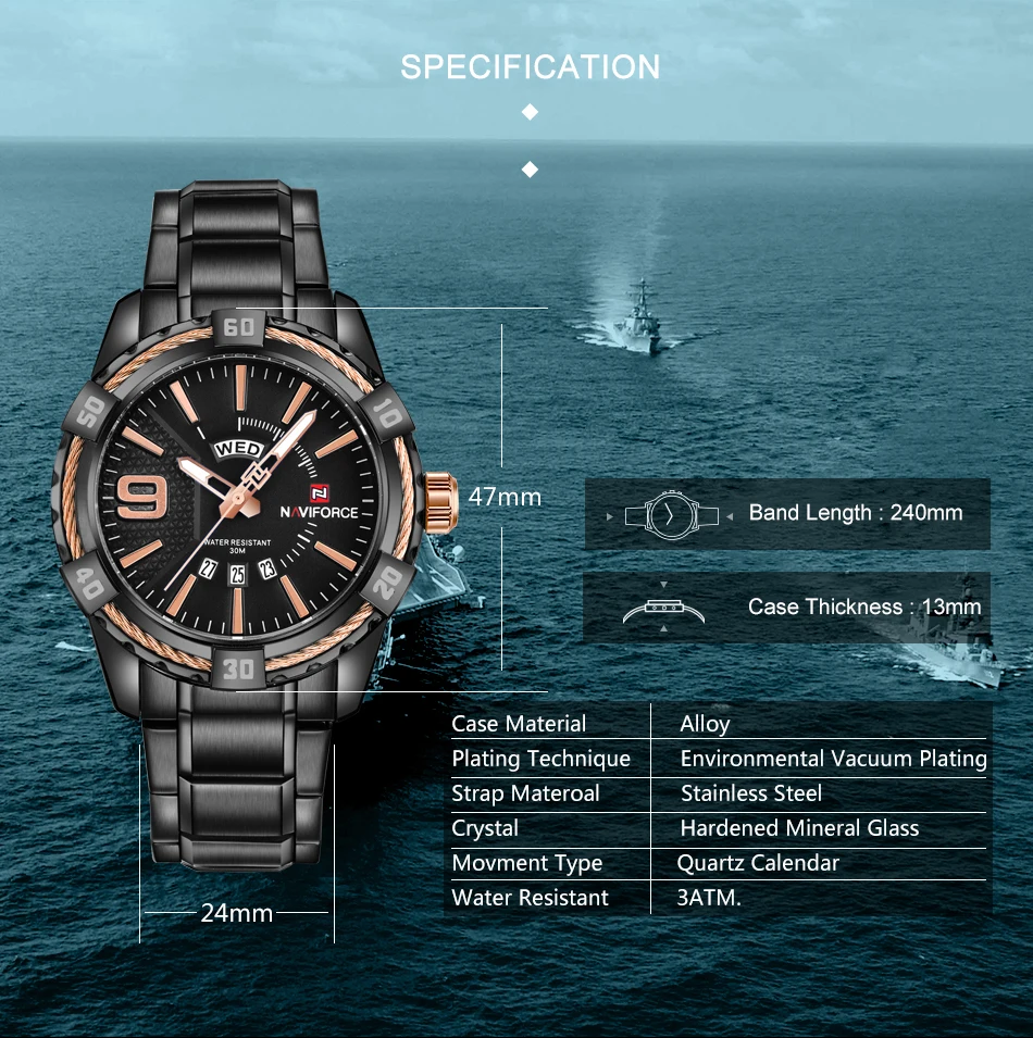 NAVIFORCE Роскошные модные повседневные брендовые водонепроницаемые кварцевые часы мужские военные спортивные часы из нержавеющей стали мужские часы
