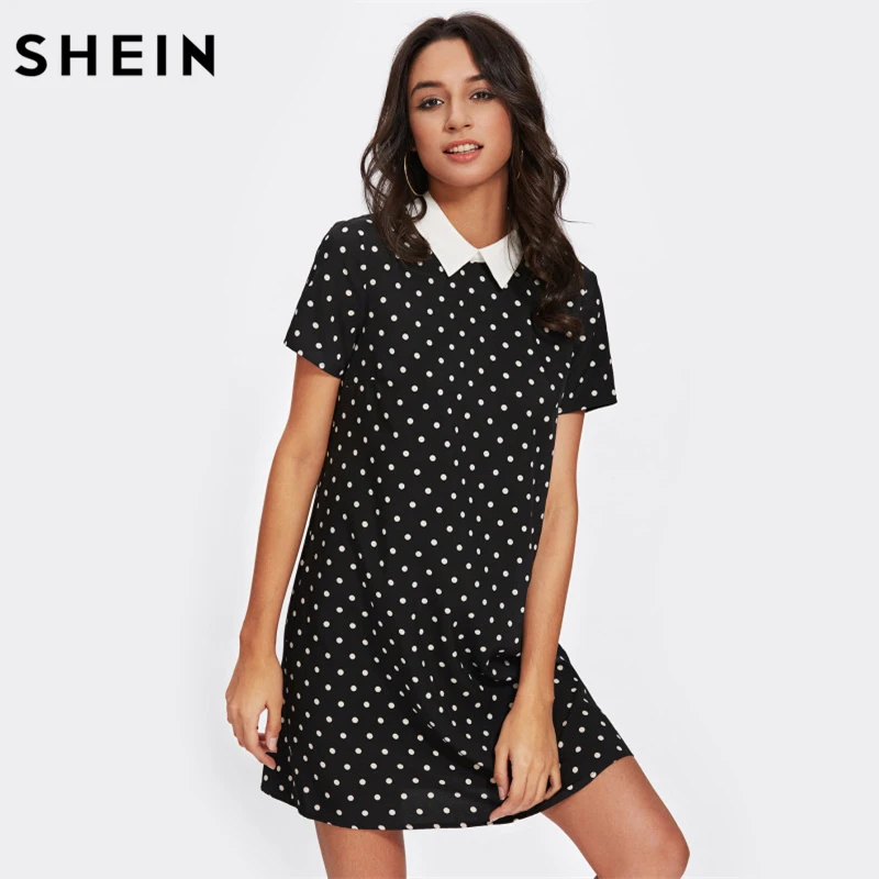 SHEIN Модное Платье С Контрастным Воротником Женское Летнее Черное Повседневное