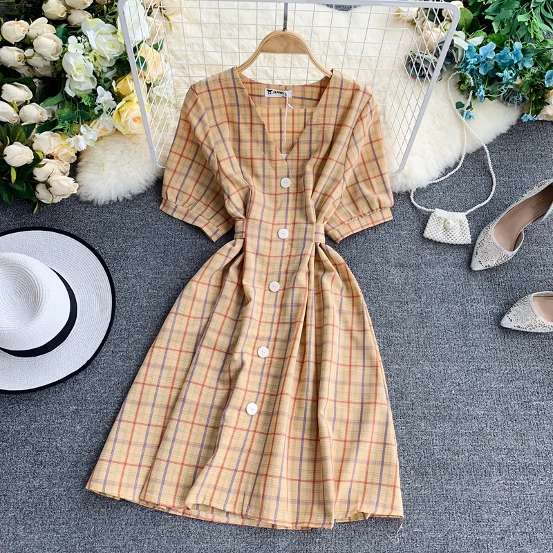 

2019 Summer Single-Breasted Dress Vintage V-neck Plaid Dress Elegant Short Sleeve Lace up High waist Dress cc79