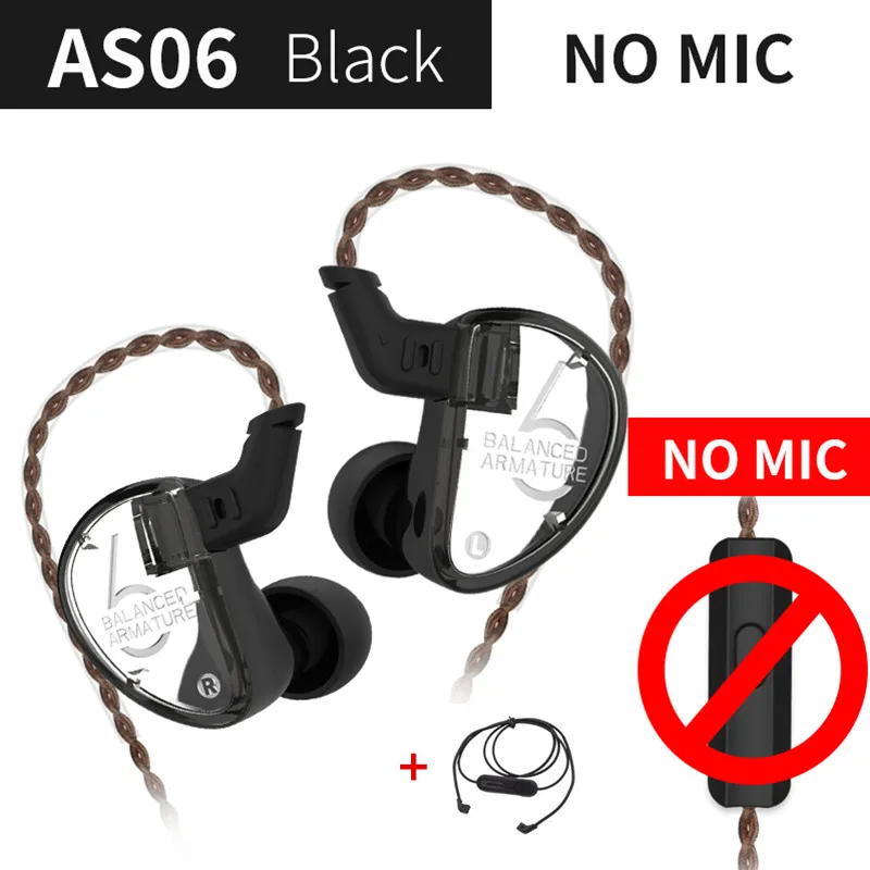 BlackNo MicBluetooth KZ AS06 наушники с сбалансированной арматурой 3BA драйвер HIFI бас наушники в ухо монитор Bluetooth гарнитура с шумоподавлением наушники - Цвет: BlackNo MicBluetooth