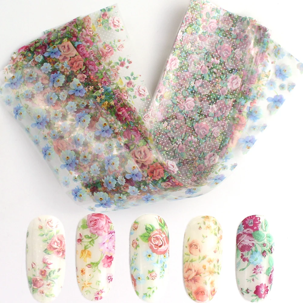10pcs Rose Flowers Designs Transfer Foil Nail Foil for Manicure Sliders Nail Stickers Adhesive Nail art Decoration wraps