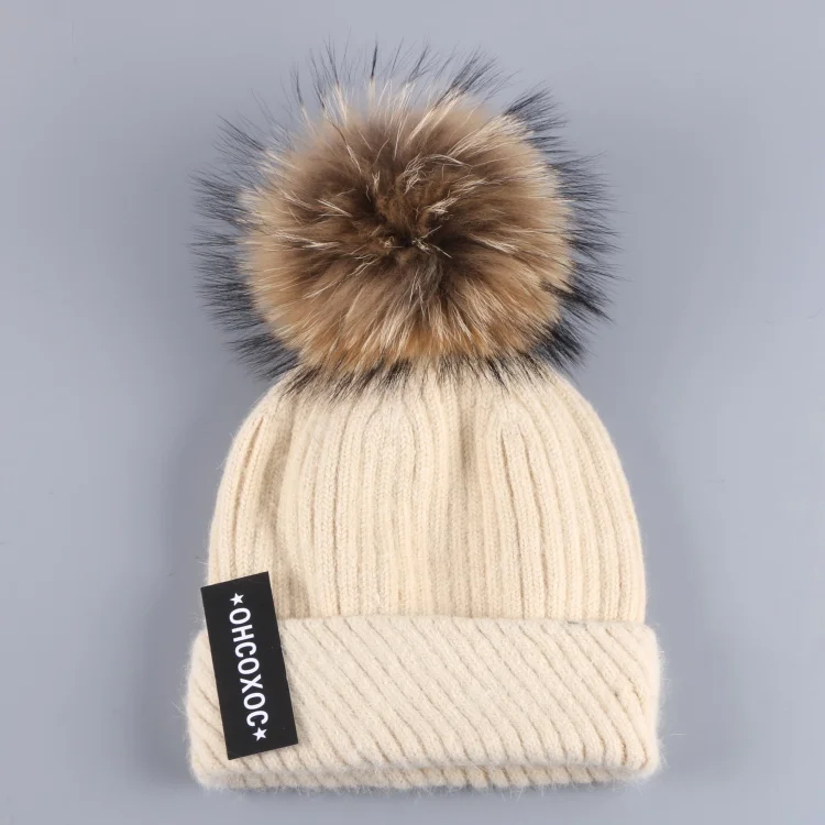 Mink Pom beige hat Зимние шапки с помпоном из лисьего меха для женщин и девушек, теплые толстые Красивые Зимние шапки-бини - Цвет: Mink Pom beige hat
