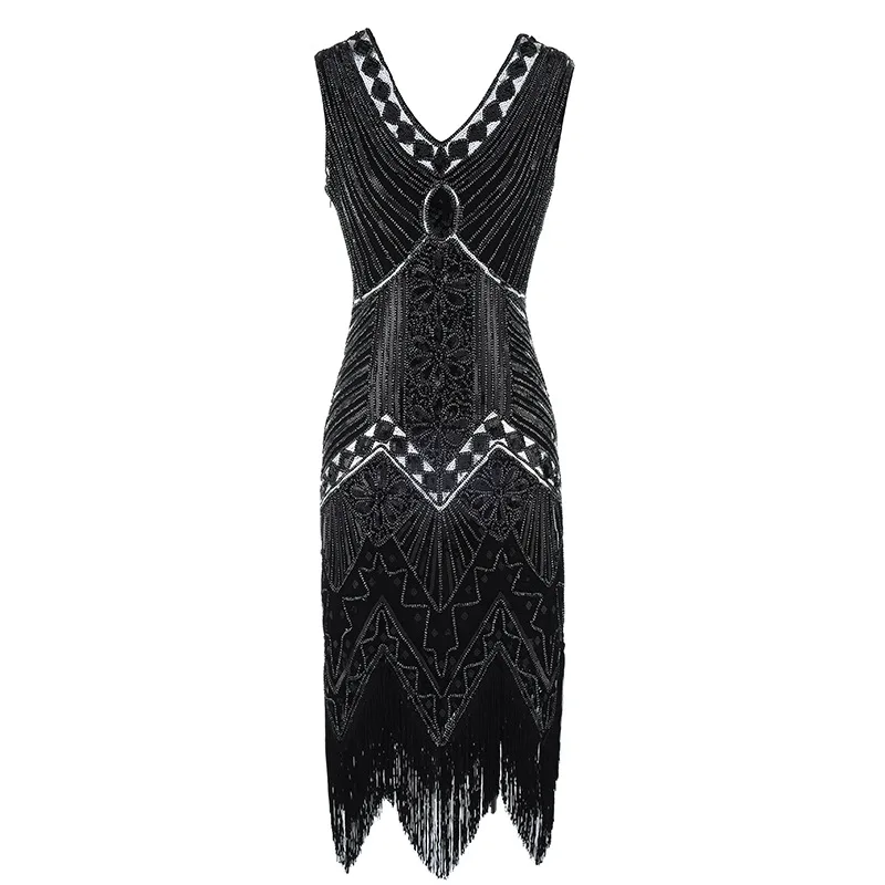 Женское винтажное платье Vestidos черное золотое с оборками бахромой без рукавов v
