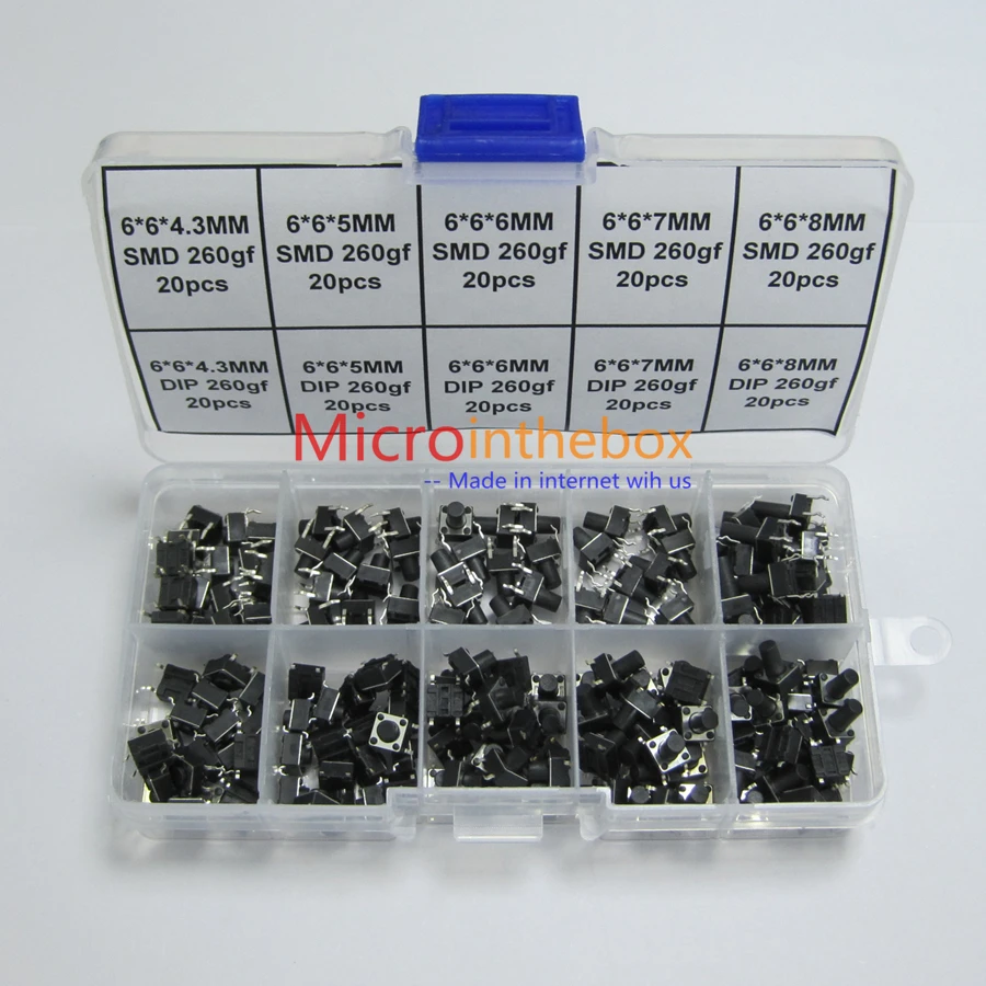 200 шт./лот тактовый переключатель 6x6 SMD SMT DIP 10 типов 4p 4 контактный образец RoHS 6x6x4 3