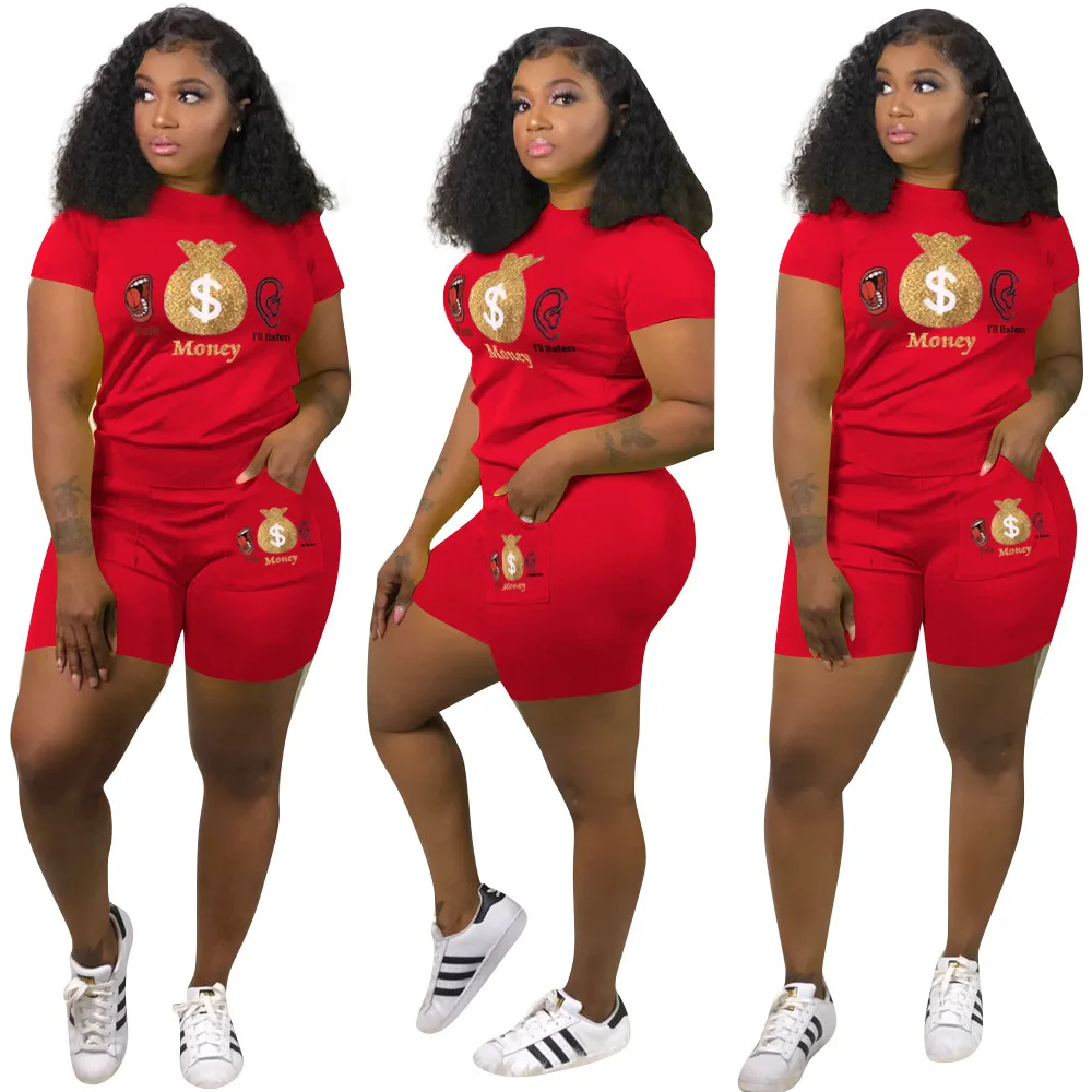 Plus Size Casual Two Piece Tracksuit Women Summer Festival Clothing Letter Print Short Sleeve Top And Biker Shorts Matching Set