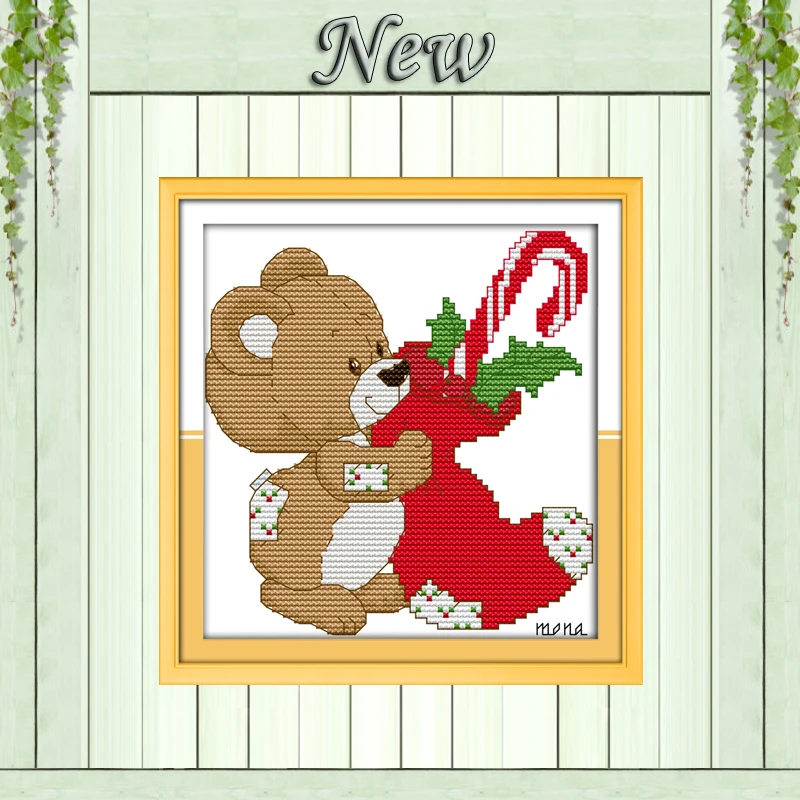 Маленький медведь Рождественский чулок живопись Счетный Печать на холсте DMC 14CT