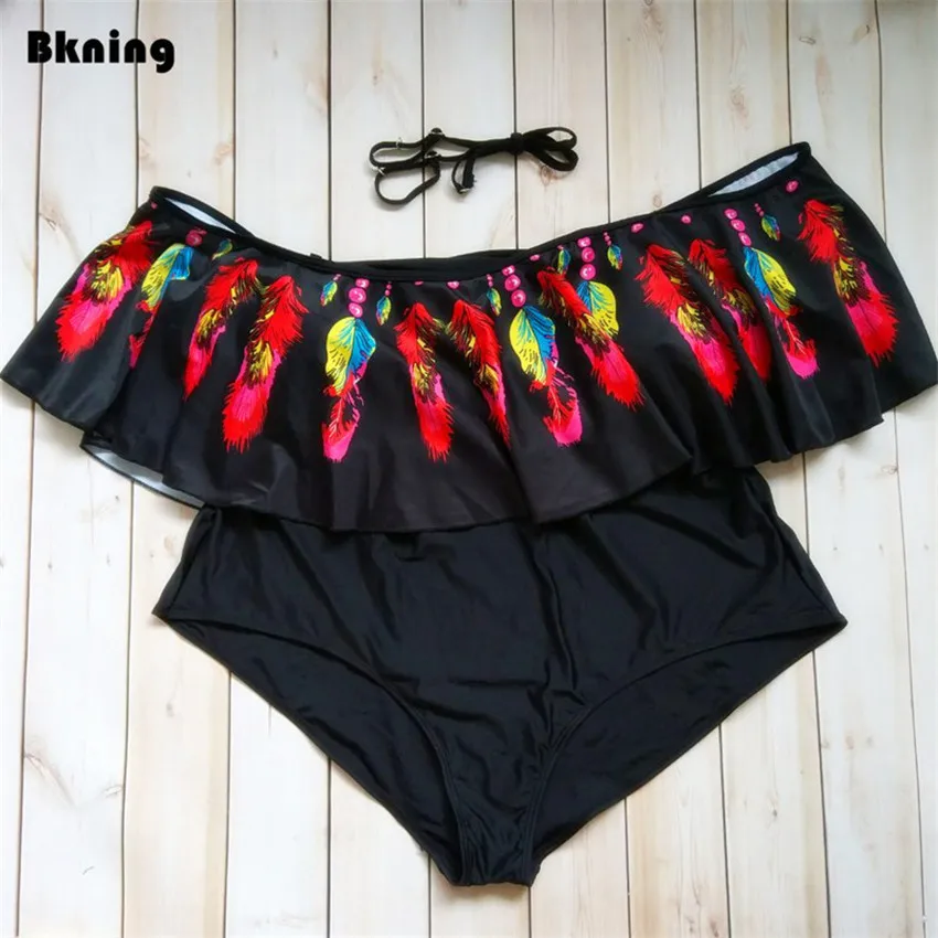 Bkning, L-4XL размера плюс, женская одежда для плавания, Цельный купальник, с принтом в виде перьев, монокини, Женский винтажный купальный костюм, купальник