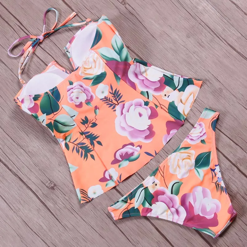 Женский купальник с принтом TQSKK сексуальный лямкой на шее Танкини цветочным