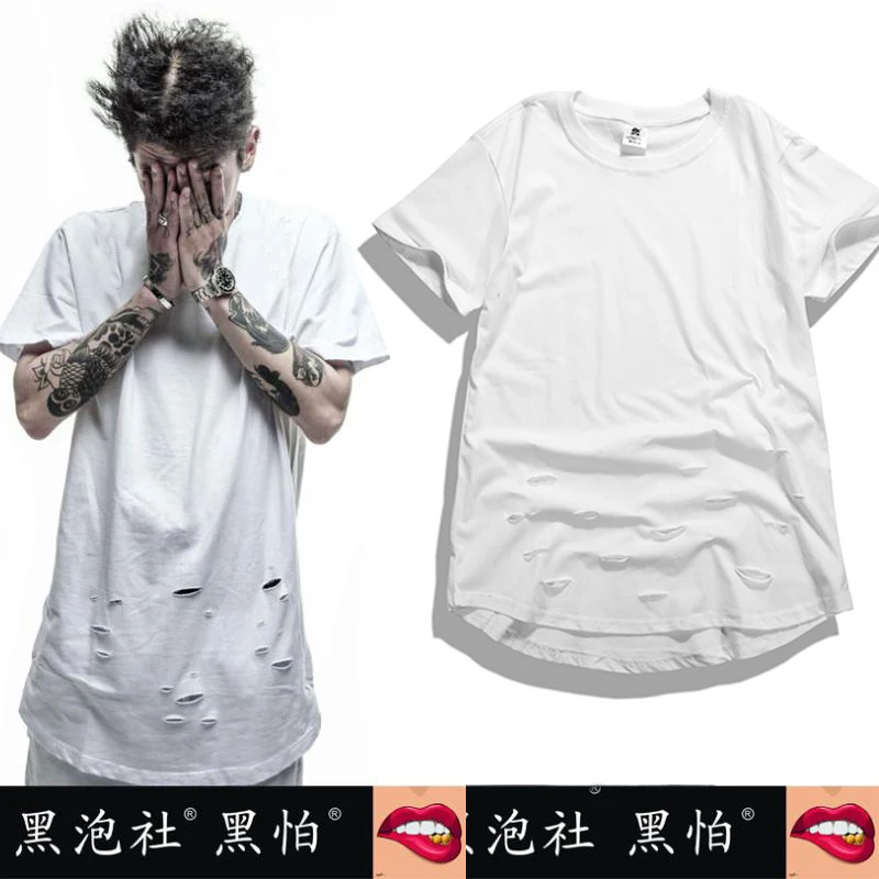 Футболка мужская удлиненная с коротким рукавом модная тенниска вырезами майка в