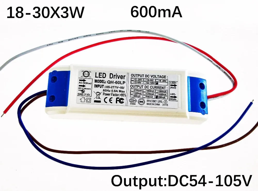 

Free shipping 18-30*3W Led Driver 60W/70W/80W/90W Lamp Driver Power Supply Lighting Transformer AC85-265V Output 600mA