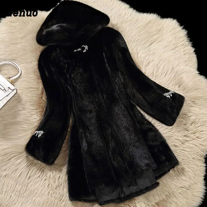 

Winter Women Faux Fur Jacket Coats Solid Color Hooded Mink Fur Overcoat Jackets Plus Size Genuo Female Slim Outerwear Coat