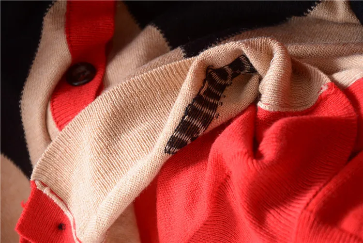 wool polyamide blend patchwork knit women England style contrast color Vneck single breasted cardigan sweater M-L |