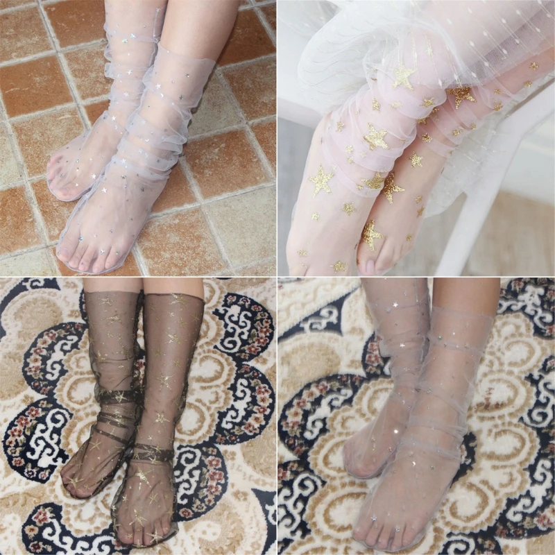 Женские длинные носки из тонкой блестящей прозрачной сетки и тюля для девочек