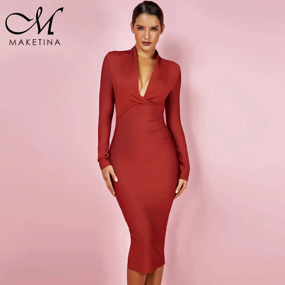 Подиумные платья Maketina 2019 красное Бандажное платье сексуальное женское блестящее