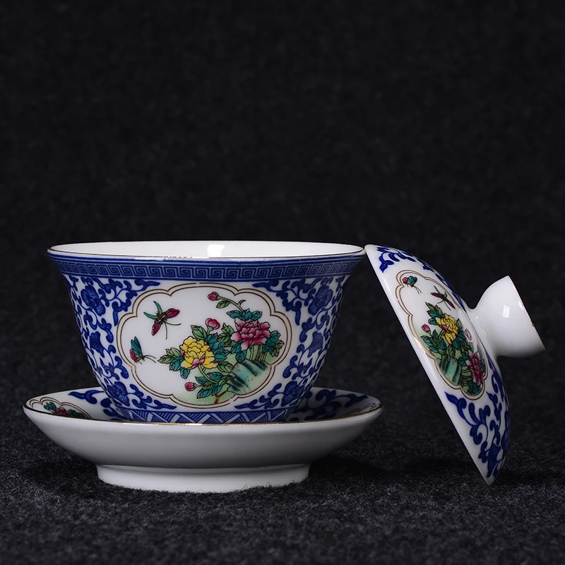 140 мл Цзиндэчжэнь сине-белый фарфор Gaiwan Крышка для чайника чаши и блюдце набор