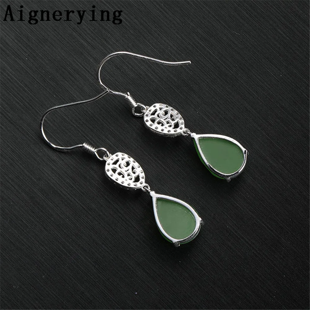 

Vintage Earings 925 sterling Silver Hollow Flower Natural Green Jade Fine Jewelry trend Cute For Women Girl Gift Tray with Box