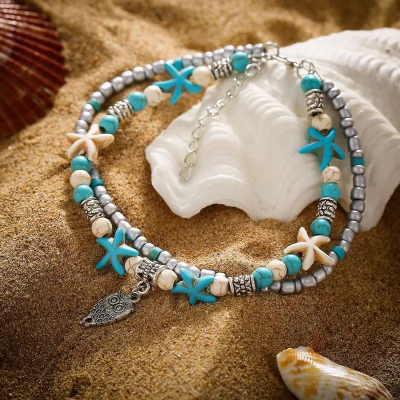 

Fashion Double Layered Starfish Anklets for Women Bohemian Beach Owl Pendant Foot Chain Anklet Bracelets for Women Jewelry