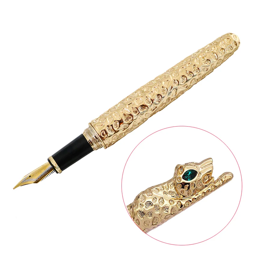 Роскошная перьевая ручка JINHAO с золотым леопардом, ручки с тяжелыми чернилами, зеленые Кристальные глаза, 0,7 мм, перо, офисные принадлежности для подарков, caneta tinteiro - Цвет: Gold