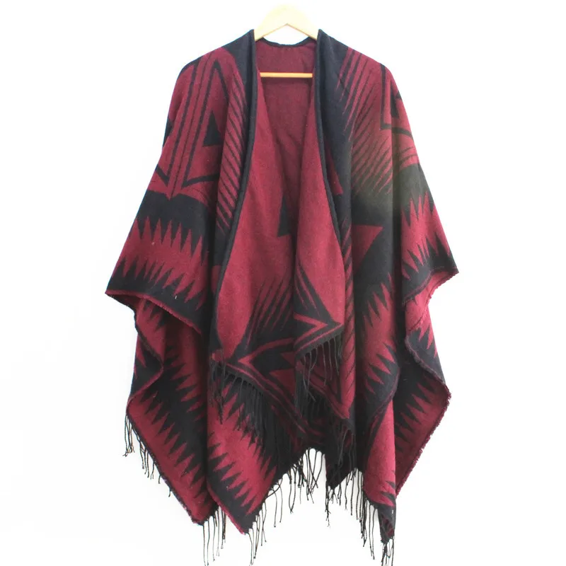 SUMEIKE Boho Для женщин вязаный кардиган пончо зима геометрический узор кисточкой