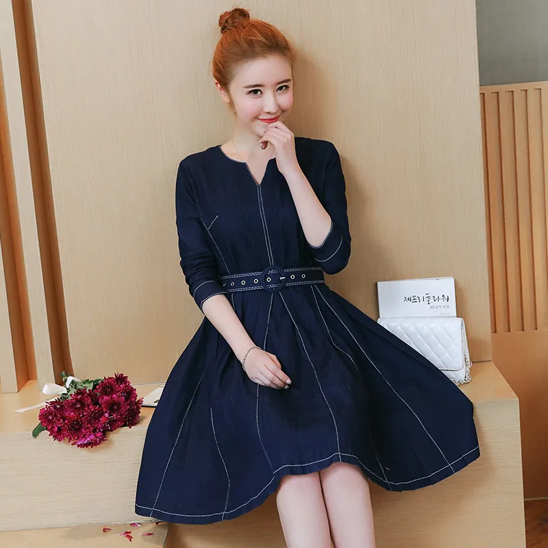 Летние женские джинсовые платья 2018 модные новые тонкие с длинными рукавами